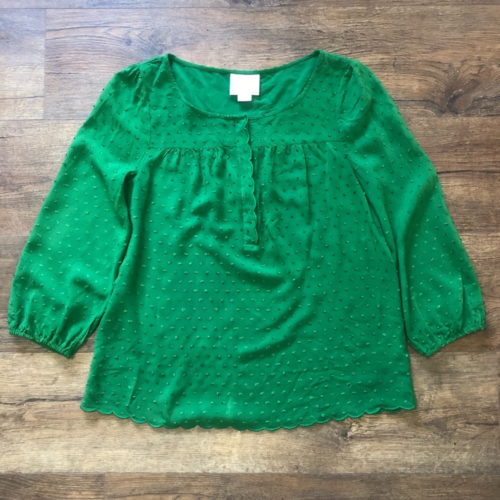 Maeve Anthropologie Emmaline Swiss Raised Dot Blouse Size 8 Green Rayon Popover